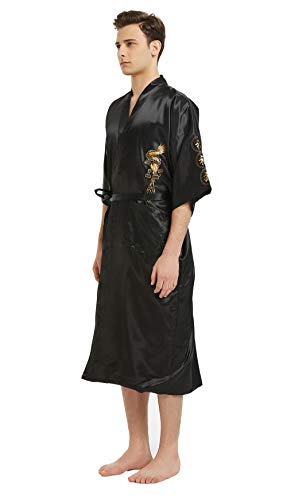 Mens Robe Chinese Silk Embroidered Dragon Pattern Kimono Bathrobe Yukata Pajamas with Waistband and Pockets3