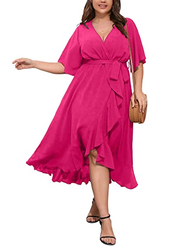 Image of SCOMCHIC Women Plus Size Maxi Dress Short Sleeve Wrap V Neck High Low Split Ruffle Long Dress