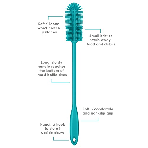 Silicone Bottle Brush, Water Bottle Cleaner Brush with Long Handle, Perfect for Cleaning Narrow Neck Containers, Vacuum Sports Bottle, Tumblers, Flask, Glassware (1 Pack, Turquoise)