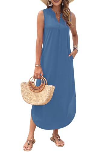 Image of AUSELILY Womens Summer Casual Maxi Dresses 2026 Sleeveless Long Beach Dresses V Neck Loose Sundresses with Side Split Pockets