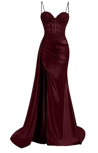 Satin Prom Dress Mermaid Pleated Spaghetti Strap Burgundy Prom Dresses 2026 for Teens Lace Applique...
