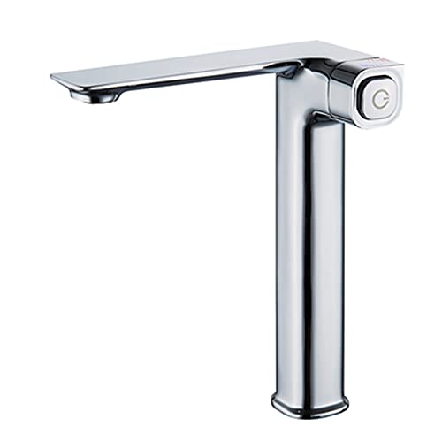 バスルーム温度メモリバスルームシンク蛇口、プッシュボタンスイッチ付き、シングルハンドル温冷洗面器ミキサータップ、ソリッドブラスクリエイティブ洗面化粧台蛇口、グレー、ショート(Silver,Tall)