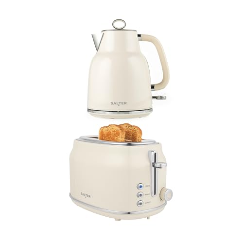 Salter Retro Cream Kettle & Toaster Set 1.7L 3KW Rapid Boil Cordless Kettle with Boil Dry Protection & Auto Shut-Off 815W 2-Slice Wide Slot Toaster with 6 Browning Levels & Defrost/Reheat/Cancel