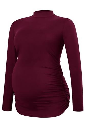 Smallshow Damen Umstandsshirt Lange ärmel Crew Hals Umstandstop Umstandsmode,Maroon,M