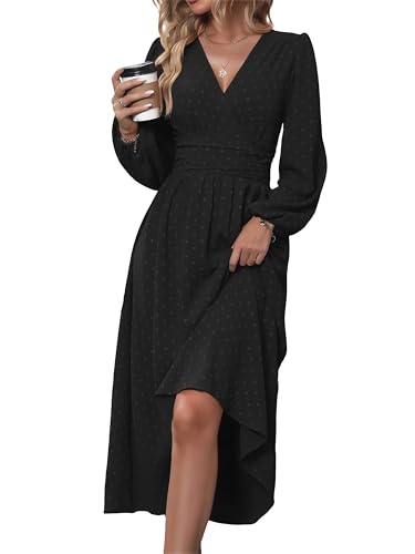 Mettclasi Women's Spring Fall Swiss Dot V-Neck Maxi Dress Casual Puff Long Lantern Sleeve A-Line Flowy Wedding Guest Dress - Black, Medium