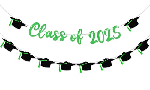 Image of 15PCS Green Class of 2025 Banner, 2025 Graduation Decorations, Gold Glitter Graduation Banner, Congrats Grad Banner Garland for High School College Grad Party Supplies Decor