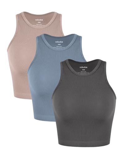 Image of ODODOS 3-Pack Seamless Crop Tank for Women Ribbed Soft High Neck Cropped Tops