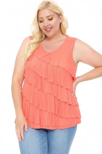 LEEBE Women and Plus Size Ruffle Top (Small-5X) (V Neck Coral Ruffle Tank, S)