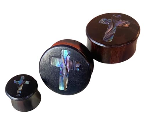 Lobal Domination PAIR of Beauttiful Abalone Shell Cross Inlay Black Wood Saddle Plugs - Tunnels - Gauges - Body Jewelry (1