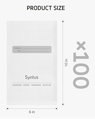 Image of Syntus Vacuum Sealer Bags, 100 Count Pint 6 inch x 10 inch Comercial Grade PreCut Bag for Food, BPA Free Food Vac Bags for Storage, Meal Prep or Sous Vide