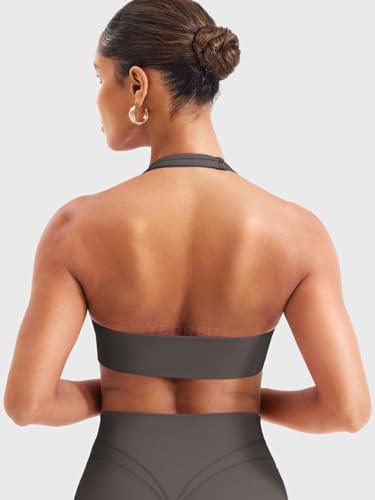 Image of YEOREO Women Halter Sports Bra Light Support V Neck Padded Strappy Open Back Workout Gym Tops