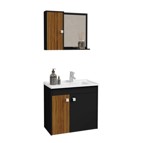 Armário Para Banheiro Kit Completo Munique Com Espelho Cuba e Armário Superior (Preto Fosco/Ripado)