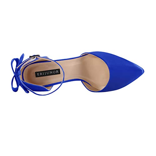Image of ERIJUNOR Wedding Evening Party Shoes Comfortable Mid Heels Pumps with Bow Knot Ankle Strap Wide Width Satin Shoes