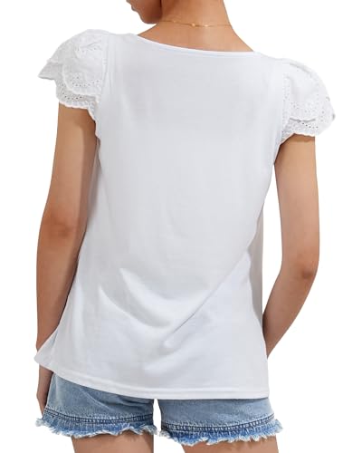 KEREDA Girls Short Sleeve Shirts Summer Tunic Tops Lace Openwork Ruffled Girls Cute Square Neck Clothes Blouse 5-14 Years4