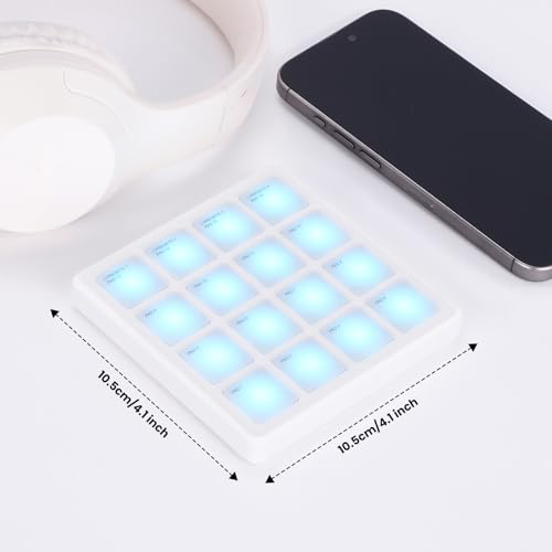 Image of M-VAVE Wireless MIDI Controller Pads, 4.1 * 4.1 Inch, 0.28 LBS, Bluetooth Portable USB with 16 Drum, Note Repeat, Full Level Buttons, Rechargeable battery (White Pocket)