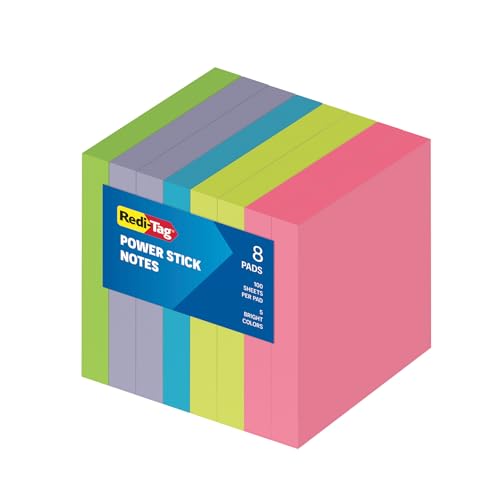 Redi-Tag Sticky Notes, Power Stick Notes, Adhesive Reminders, 3" x 3" Reusable Notes, Strong Adhesive Memos, Assorted Bright Colors, 8 Pack (1000975)