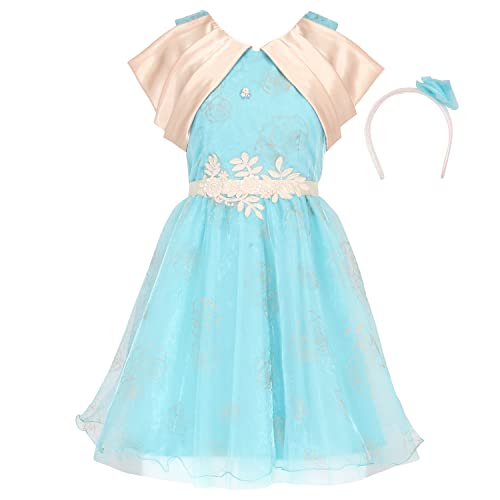 Image of Cutecumber Girls Satin,Organza & Net Fit & Flared Floral Printed Dress with Hairband.CC7175D-AQUA