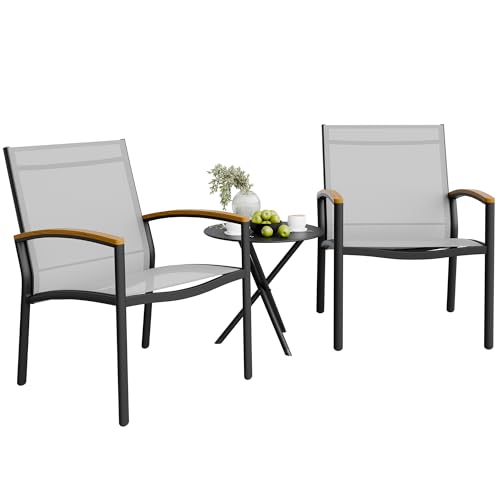Shintenchi 3 Pieces Patio Bistro Sets, Outdoor Textilene Fabric Conversation Bistro Set, Textilene Fabric Front Porch Chairs Small Patio Furniture Set with Table for Lawn,Garden,Balcony (Grey)