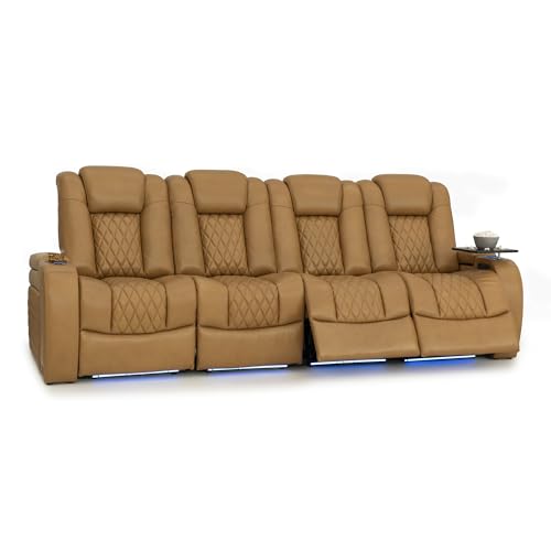 Image of Seatcraft Diamante Tan Oak Italian Leather Home Theater Seating, Zero Gravity Power Recliner Gaming and Home Office Chair, Powered Headrest Lounge Sofa Furniture for Cinema Room, Row of 4 Sofa