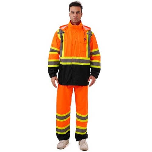 Image of Hi Vis Safety rain Jacket,Reflective Class 3 Rain coat with Inner Mesh Lining and Pockets High Visibility Waterproof work Rain Suits for men&women(Orange,LG /XL)