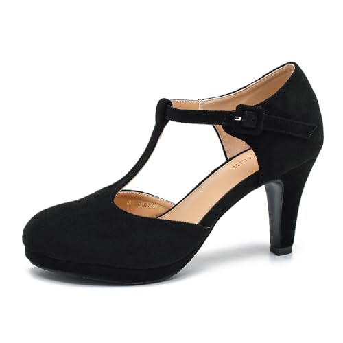Women's Pumps Close Toe Kitten Heels Retro T Strap Mary Jane Comfortable Office Work Dress Shoes Black Velvet-42US 9