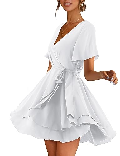 Image of Women Wrap Dress Casual Mini V Neck Fall Long Sleeve Wedding Guest Dresses with Belt