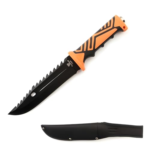 Snake Eye Tactical 12.5-Inches Ultimate Outdoors Survival Knife Fixed Blade Knife for Hunting, Fishing, Foraging, Camping, and Bushcraft Stainless Steel Knife With Nylon Sheath (Orange)