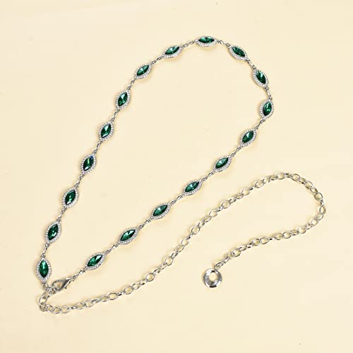 Iluvatar Green Glass Diamond Chain Belt Metal Diamond Belt Women's Dress Metal Belt Women's Western Style Belt Women's Belt Prism Decoration #TOP5