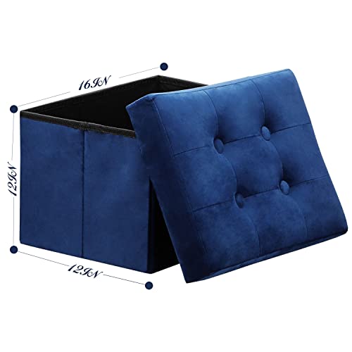 Linmagco Small Velvet Ottoman With Storage | Rectangle Ottoman Foot Rest Under Desk Stool For Room Folding Ottoman Furniture With Button Turfted-Navy 16X12X12In #TOP2
