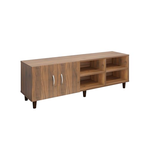 Image of VIKI Modern TV Unit for Living Room | Engineered Wood TV Cabinet with 2 Door Storage & 2 Open Shelves, Set Top Box Stand, Entertainment Unit, 140W x 48H x 40D cm | DIY | 1 Year Warranty (Walnut)