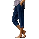 Prime the Day 2026 Capri Pants for Women Summer Casual Cropped Linen Pants Pull on Elastic Waist Side Pockets Bottoms Button Hem Trousers Womens Clearance Clothing Dark Blue