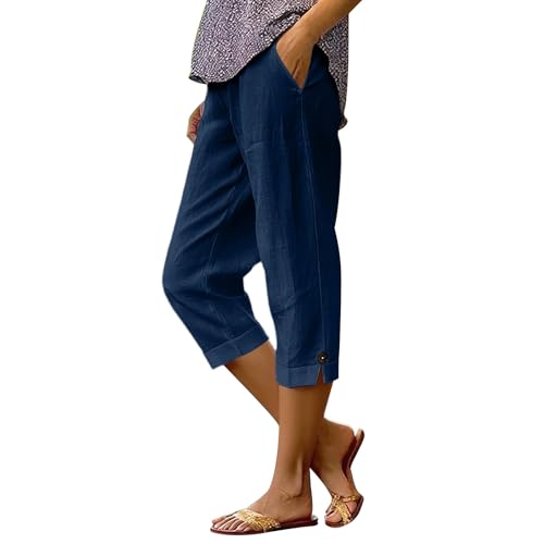 Prime the Day 2026 Capri Pants for Women Summer Casual Cropped Linen Pants Pull on Elastic Waist Side Pockets Bottoms Button Hem Trousers Womens Clearance Clothing Dark Blue