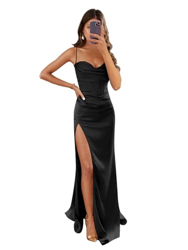 Image of Women's Mermaid Prom Dress with Slit Satin Bridesmaid Dresses Long Corset Evening Formal Party Gown
