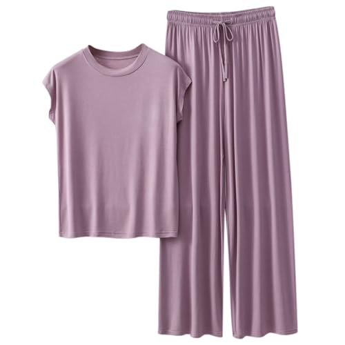 Conjunto de pijama para mujer, de modal, cuello redondo, manga corta, camiseta y pantalones de pierna ancha, ropa de dormir cómoda para descansar todos los días, 08# morado claro, L