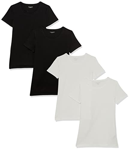 Amazon Essentials Maglietta Girocollo a Maniche Corte Vestibilità Regolare Donna, Pacco da 4, Bianco/Nero, M