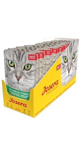 JOSERA Paté Ente & Huhn mit Petersilie (16 x 85 g) | Adult | Premium Nassfutter für ausgewachsene Katzen | Pastete Ente & Huhn | Lachsöl | getreidefrei | Katzenfutter nass im Frischebeutel |16er Pack