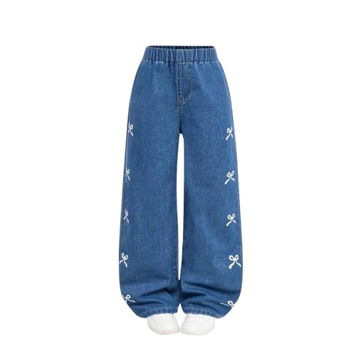 Girls Baggy Jeans, Bow Embroidered Wide Leg Pants for Girls, Casual Loose Fit Elastic Waist Denim Pants