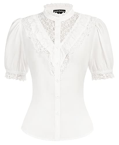 Damen Renaissance Rüschenbluse Kurzarm Laternenhülse Lace-Up Cottagecore...