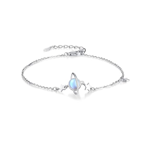 Image of IMINI Moonstone Planet Star Charm Bracelet for Women, Dainty Silver-Plated Saturn Link Chain Jewellery, Adjustable 16+5cm, Celestial Space Trendy Gift for BFF Her