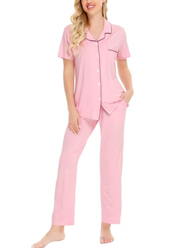 Image of SWOMOG Women Pajama Sets Two-Piece Nightwear Short Sleeve Sleepwear Button Down Pj Lounge Sets with Long Pants