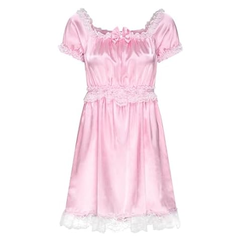 Satini Lingerie Satin Sissy Babydoll Ruffles Frilly Lace Slip Nightwear Dress (Baby Pink, L) Cover