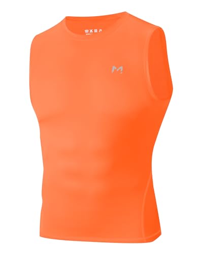 Moozava Sleeveless Compression Shirt for Men, Cool Dry Workout Top Training, Breathable Muscle Support Fitness Undershirt Fluorescent Orange