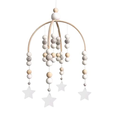 Star Mobile For Crib, Handmade Baby Crib Mobile, Boho Nursery Decor For Baby Boys Girls Kids, Crib Wooden Mobile With Colorful Cotton Ball (Grey Star) #TOP19