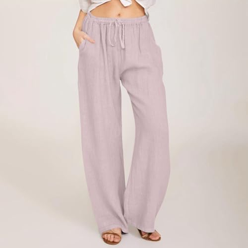 Casual Pants for Women Summer Solid Color Drawstring Elastic Waist Straight Leg Relaxed Comfy Long Trouser2