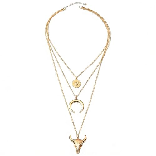 RUIFUU Boho Layered Necklace Women's Vintage Cowboy Cowgirls Western Necklaces Evil Eye Bull Head Multi-Layer Necklace Fashion Pendant Necklace Jewelry