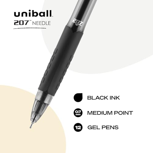 Image of uniball 207 Needle Retractable Gel Pens, Medium Point (0.7mm), Black, 12 Pack