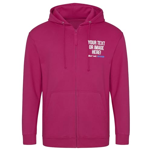 Image of Purple Print House Personalised Zipped Up Hoodie Mens Womens Any Text Image Photo Custom Work Company Logo Uniform Full Length Zipper Hoody Hooded, XL, Hot Pink