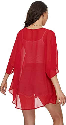 Image of Indian Trendy Women's Solid Puff Sleeve Kimono Cardigan Loose Cover Up Casual Blouse Top Chiffon