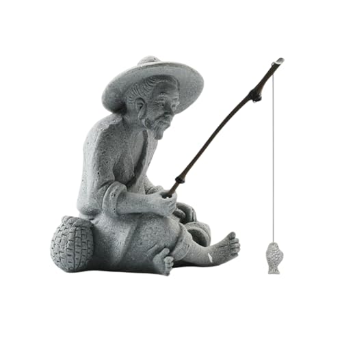 AIMALL Fishing Man Ornament Statue Set for Aquarium, Bluestone Handcrafted Fishing Decorations, Durable Fish Tank Decor