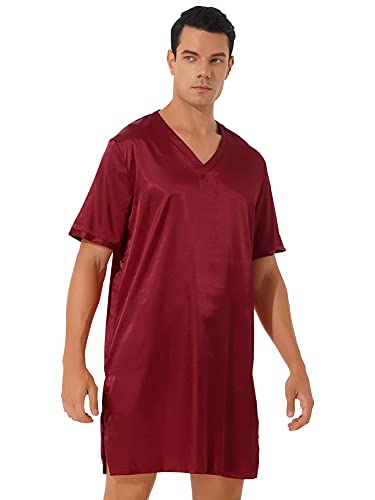 CHICTRY Men's Nightshirt Satin Nightwear Comfy V Neck Short Sleeve Soft Loose Pajama Sleep Shirt4